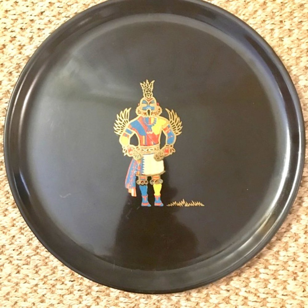 Couroc Serving Plate or Tray Hummingbird Kachina Mid Century 1960s Black